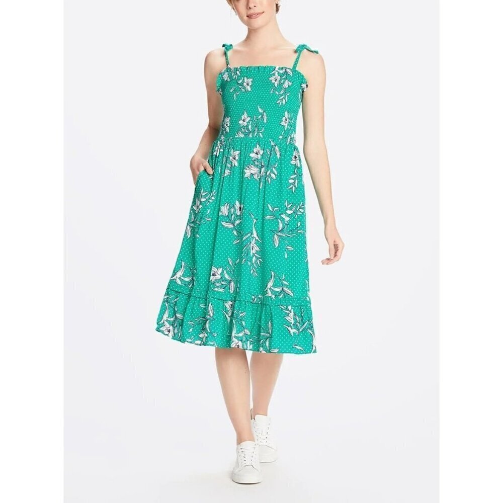 Draper James green smocked floral polka dot midi dress